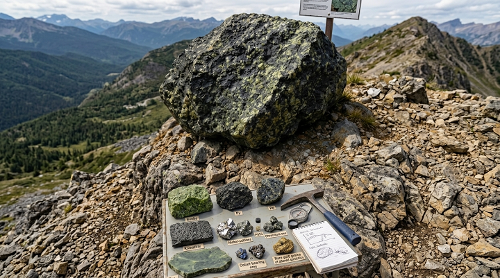 Identifier les roches ultramafiques pour trouver de l'or 6 Photographie de paysage prise sur un affleurement rocheux surplombant une vaste vallée et des montagnes lointaines. Plusieurs gros échantillons de roches, notamment des dalles vert jade et des blocs tachetés, sont regroupés au premier plan avec un marteau de géologue posé à côté.