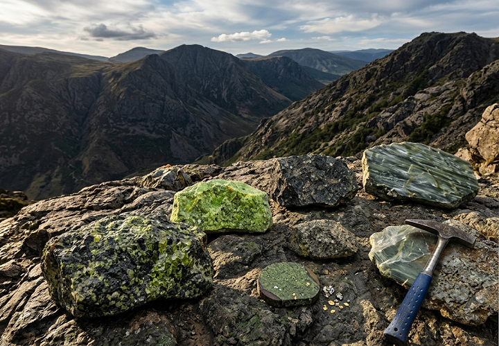 Identifier les roches ultramafiques pour trouver de l'or 5 Photographie haute résolution d'une exposition géologique de terrain sur un sommet montagneux. Un gros bloc rocheux tacheté de vert et de noir trône en arrière-plan. Au premier plan, sur une table, des échantillons de roches étiquetés (dunite, pyroxénite, komatiite) sont disposés aux côtés de minerais et d'outils de géologue, incluant un marteau et un carnet de notes.