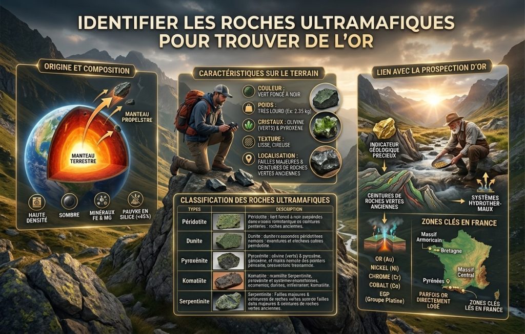 Identifier les roches ultramafiques pour trouver de l'or 4 Infographie explicative sur l'identification des roches ultramafiques pour la prospection aurifère : caractéristiques physiques, classification géologique et zones de présence en France