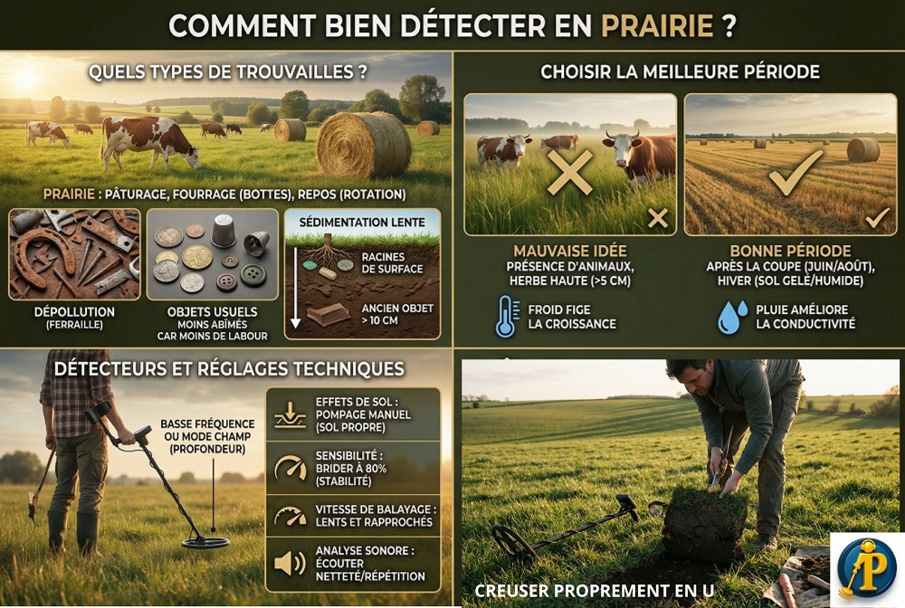 Comment bien détecter en prairie ? 4 Infographie résumant les conseils pour détecter en prairie : choix de la période, réglages du détecteur et technique de creusement en U.