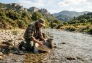 Un homme pratique l'orpaillage de loisir avec une bâtée et un tamis dans une rivière du Vaucluse