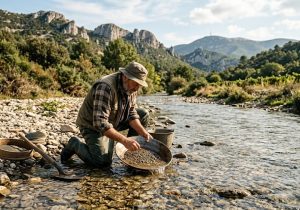 Où trouver de l'or dans le Vaucluse ? Rivières et conseils 3 Un homme pratique l'orpaillage de loisir avec une bâtée et un tamis dans une rivière du Vaucluse
