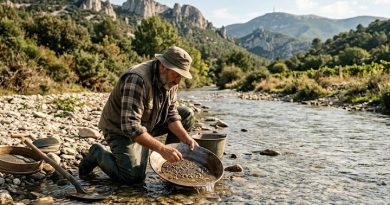 Un homme pratique l'orpaillage de loisir avec une bâtée et un tamis dans une rivière du Vaucluse