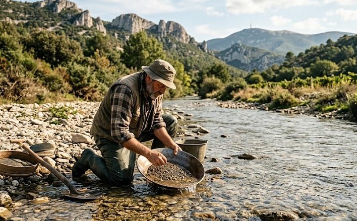Un homme pratique l'orpaillage de loisir avec une bâtée et un tamis dans une rivière du Vaucluse