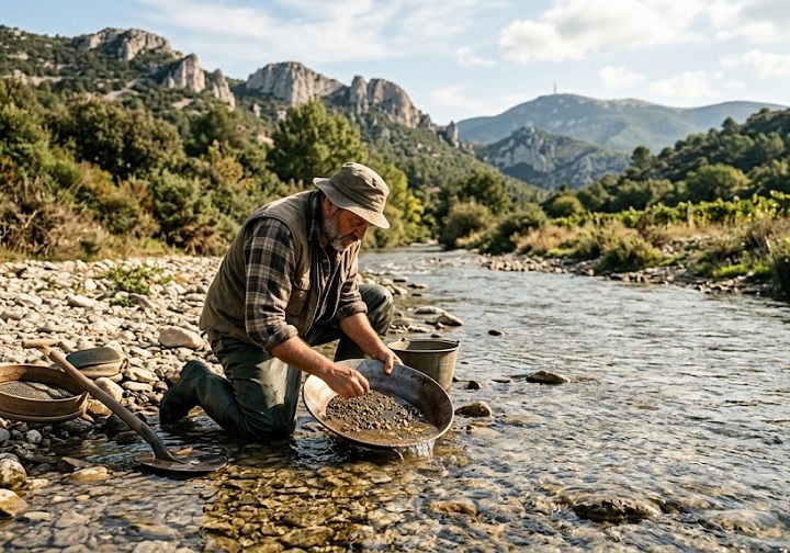 Un homme pratique l'orpaillage de loisir avec une bâtée et un tamis dans une rivière du Vaucluse