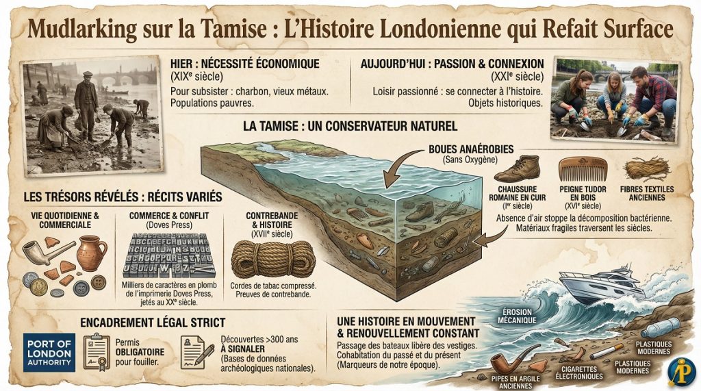 Mudlarking sur la Tamise : ces vestiges de l’histoire londonienne qui refont surface 1 Infographie détaillant la pratique du mudlarking sur la Tamise à Londres : objets archéologiques romains, médiévaux et modernes conservés dans la boue du fleuve.