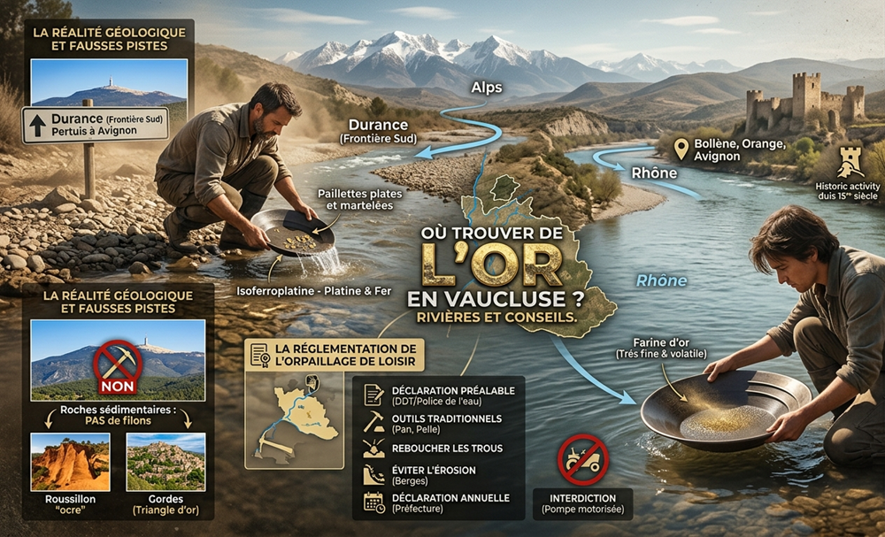 Infographie explicative sur l'orpaillage en Vaucluse détaillant les rivières de la Durance et du Rhône, la géologie locale et la réglementation